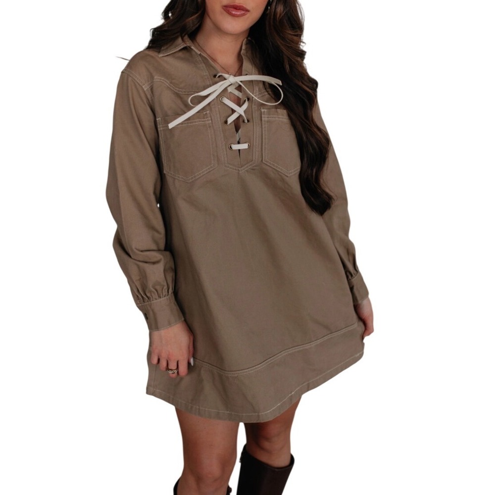 Forte‎ Womens XL Tan Western Lace Up Mini Dress Long Sleeve Utility Twill Shift